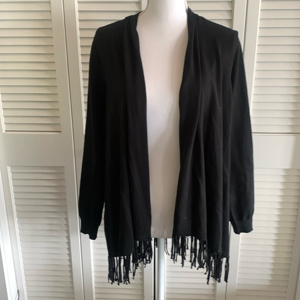 Joseph A. Open Front Black Fringe Hem Cardigan Sweater Hi Lo Style Size Large